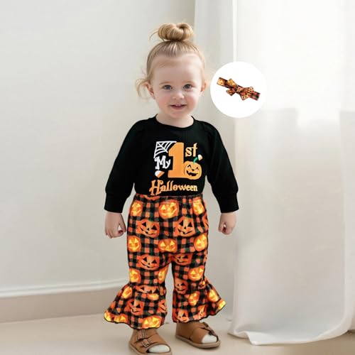 My 1st Halloween Baby Girl Outfit Puff Long Sleeve Ribbed Knit Romper Top Flare Pants Headband 3 Piece Set2