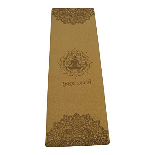 Yoga World Cork Mandala Yoga Mat - Non-Slip Surface & Anti-Skid TPE Underside - Strong Grip on Wet & Dry Surfaces - Soft Floor Cushion for Exercises - 183 x 61 x 0.4cm (Black)