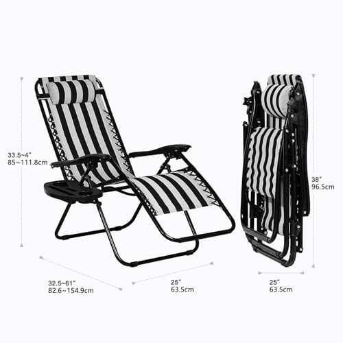 Nazhura Set of 2 Relaxing Recliners Patio Chairs Adjustable Steel Mesh Zero Gravity Lounge Chair Beach Chairs with Pillow and Cup Holder Khaki (Black/White Stripe)