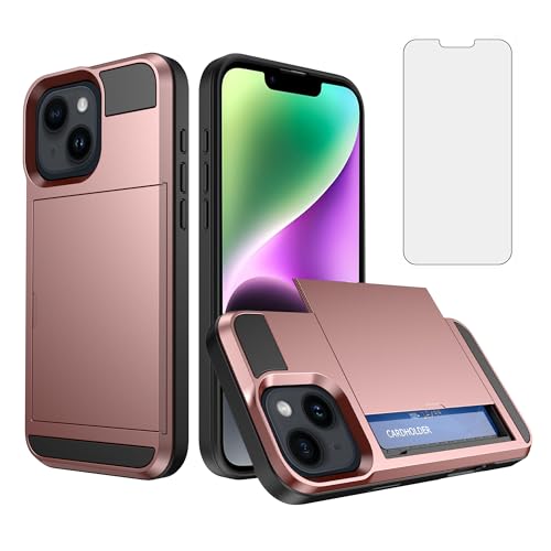 Coque iPhone 14 avec protège-écran en verre trempé et porte-carte intégré Asuwish Or
