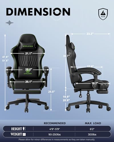 Image of GTPLAYER Gaming Chair with Speakers, Video Game Chairs with Footrest, PC Gamer Chairs for Adults - Padded High Back Ergonomic Reclining Silla Gamer, Linkage Armrest, Ace Pro, Green