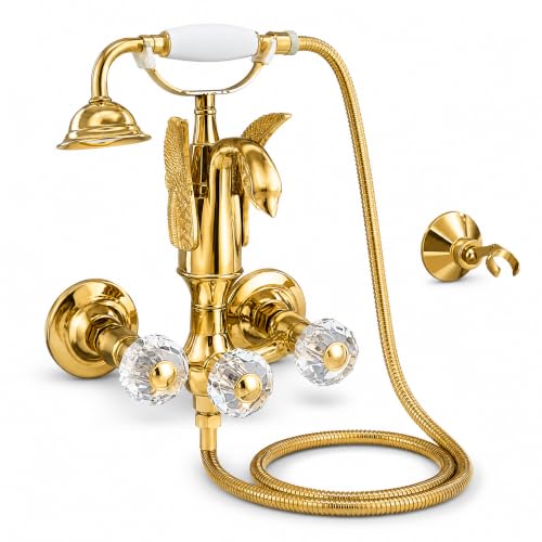 High Flow Swan Clawfoot Bathtub Shower Tub Filler Gold Swan Faucet Wall Mount with Handheld Sprayer Victorian 2 Crystal Handles Tub Faucet Set with Shower Head (Gold Little Swan)