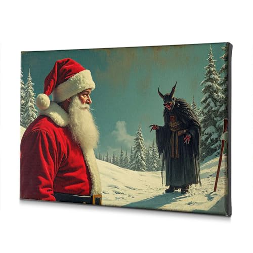 Toile Krampus et Père Noël en forêt enneigée tableau fantastique 40x60