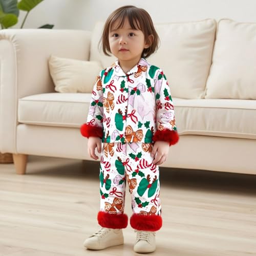 Kids Toddler Boy Girl Silk Pajamas Set Christmas Tree Santa Fuzzy Trim Long Sleeve Button Down Shirt Pants Fall Pjs Sleepwear2