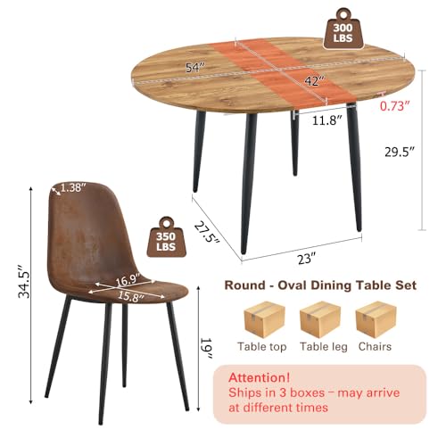 Image of FURNITO Round Dining Table Set for 6, 42 inch-54 inch Round to Oval Extendable Table with 6 Suede Upholstered Chairs, Space-Saving Wood Dining Room Table Set for Small Apartments or Kitchens, Easy Assembly