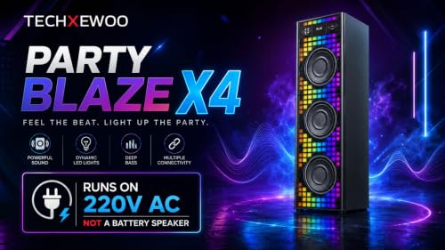 Image of TECHXEWOO Party Blaze X4, 200W Powerful Home Theatre System with 8-inch Woofer, Bluetooth, Digital FM, Karaoke, RGB LED Lights