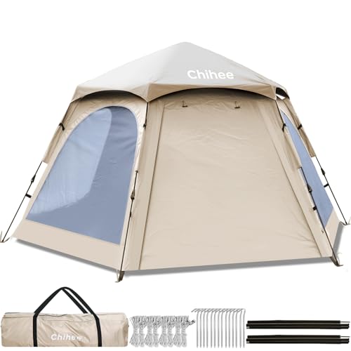 Chihee Camping Tents Pop Up Hexagonal Tent Easy Setup Instant PU Coated Polyester Family Cabin with Rainfly Waterproofing UV Protection Winproof Outdoor Shelter 2 Doors 4 Windows Mesh Ventilation