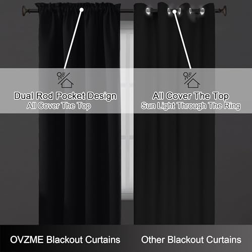Image of Extra Long 10 FT Blackout Curtains for Patio 120 Inches Long 2 Panels Set, Solid Thermal Insulated Energy Saving Rod Pocket Window Treatment Curtains Blackout Drapes, W50xL120, Black
