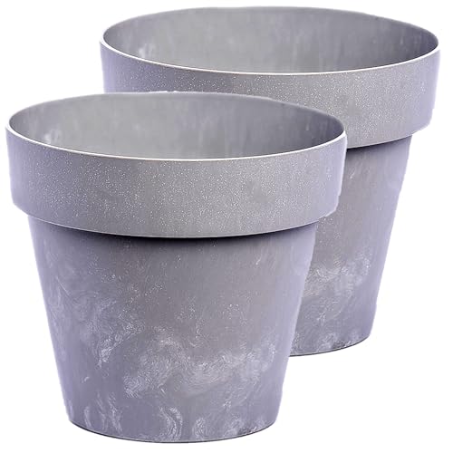 Image of Home Garden Ornaments Stone-Effect Plastic Plant Pots – Set of 2 Durable Indoor & Outdoor Flower Pots, Decorative Planters for Home & Garden – (Light Grey, 20cm / 8 inch)