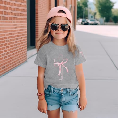 Image of Girls Cute Christian Shirts Kids Pink Bow Shirt Jesus God Faith Tshirts Aesthetic Cross Bible Verse Graphic Tee Tops
