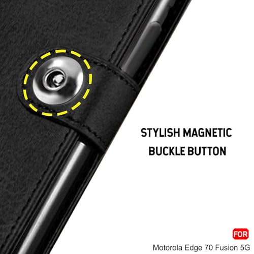 Image of TheGiftKart Flip Cover Back Case for Motorola Moto Edge 70 Fusion 5G | Genuine Leather Finish | Designer Button | Inbuilt Pockets & Stand | Wallet Style Flip Back Cover Case (Faux Leather, Black)