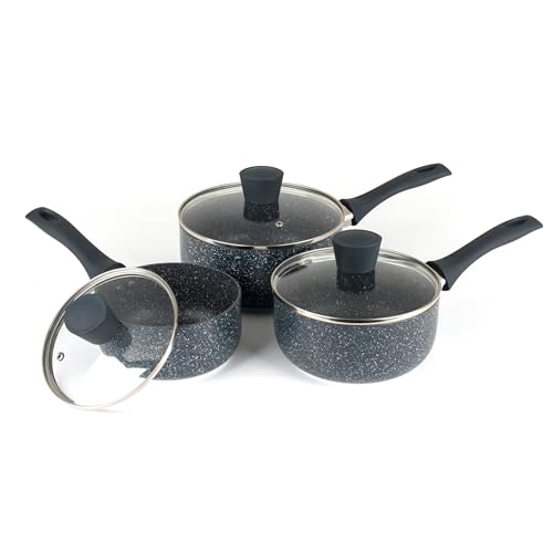 Russell Hobbs RH00847EU7 Nightfall Stone 3-Piece Saucepan Set – 16/18/20 cm Non-Stick Cooking Pots, Includes Tempered Glass Lids, Induction Suitable, Forged Aluminium, PFOA-Free, Soft-Touch Handles