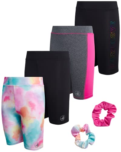 Body Glove Girls' Active Bike Shorts - 4 Pack Performance Bike Shorts (Big Girl), Size 10, Tie Dye/Black/Grey