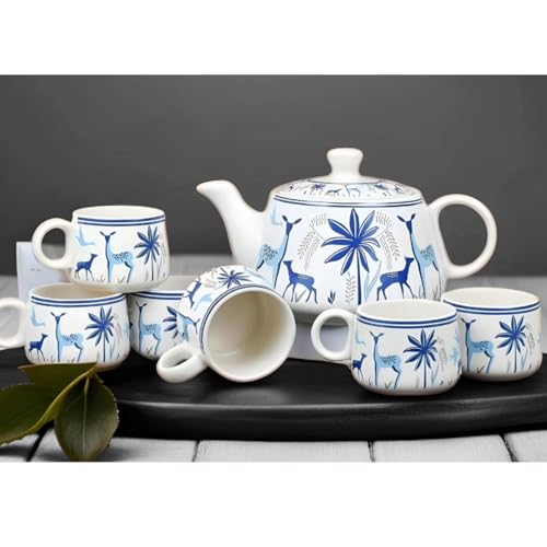 Image of DMRD MART-Handcrafted Ceramic Stag 7PC Tea Cup Set with Kettle Safe 6 Cups 1 Kettle | Tea Pot Set 1000ml Ceramic Porcelain Cup Set of 6 Perfect for Serving Coffee Green. (Dear Print 7pc)