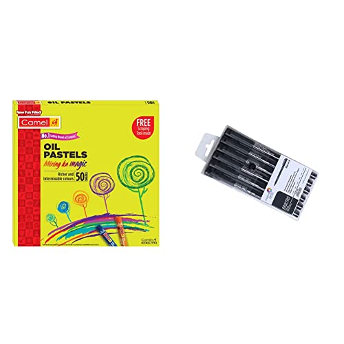 Image of Camlin Kokuyo Oil Pastel (50 Shades) & Brustro Professional Pigment Based Fineliner - Pack Of 6 (Black)