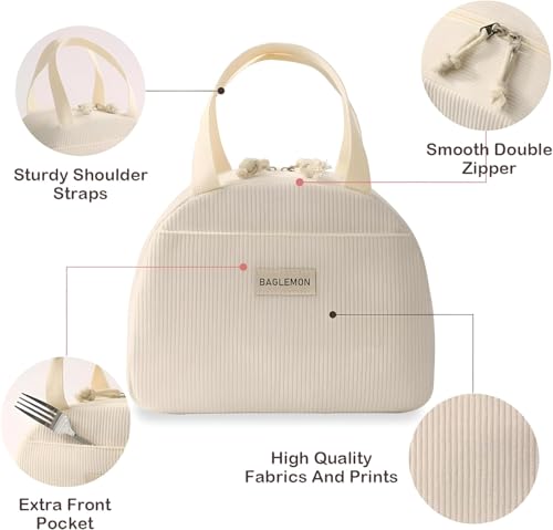 Image of SVH Insulated Lunch Bag with Thermal Lining, Reusable Leak-Resistant Lunch Tote with Front Pocket, Durable Zipper & Carry Handles for Office, School, Picnic & Travel (Corduroy Beige)