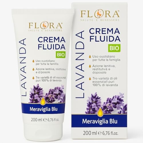 FLORA Crema Fluida “Blu Lavanda” BIO‑BDIH 200 ml – Idratante Leggera con 3 Oli Essenziali di Lavanda, Glicerina Vegetale & Steroli di Brassica, Texture Veloce, Pelle Morbida & Profumo Rilassante