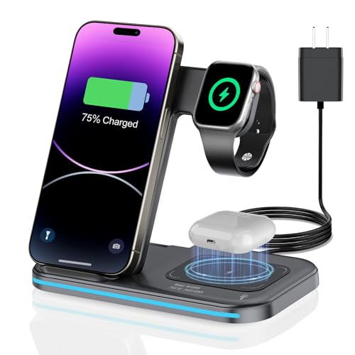 3 in 1 Charging Station Wireless Charger lPhone Foldable Charging Stand for Multiple Devices with Quick Charger for lPhone 16/15/14/13 Pro Max Watch AriPods Pro 2