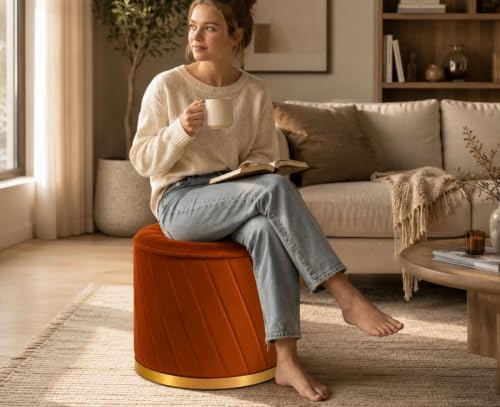 Image of Luxury Velvet Ottoman Stool for Living Room & Bedroom | Premium Round Pouffe with Gold Metal Base | Modern Footrest, Extra Seating & Home Decor (Brwon Single)