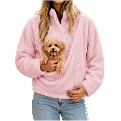 fartey Pet Carrying Hoodie Women V-Neck Fuzzy Fleece Pullover Top Pink - image 1