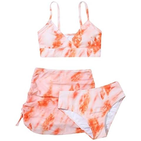 Swimsuit Girls' Crisscross Dyeing Floral Three to Cute Print Printing Summer Piece Girls Swimwear Cute Swim Suits for Girls Medium Bikini Beach Girl Swimsuit (Orange, 13-14 Years) Cover