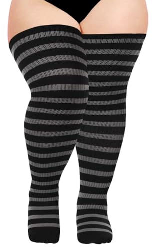 Image of Moon Wood Plus Size Thigh High Socks for Women Knit Cotton Extra Long Striped Over the Knee High Socks Leg Warmers