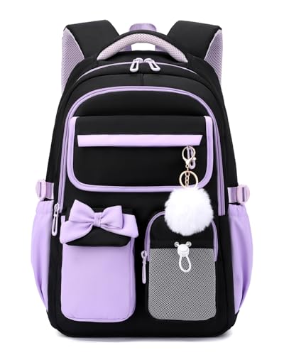 Cartable fille primaire et collège Amythe - Sac à dos d'école noir et violet en tissu Oxford