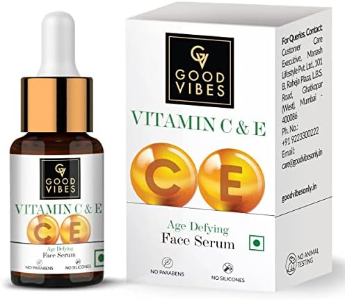 Good Vibes Vitamin C & Vitamin E Age Defying Serum, 10 ml Light Weight Non Greasy Helps Reduces Wrinkles Skin Repair, Naturally Glowing Face Serum, No Parabens & Sulphates, No Animal Testing