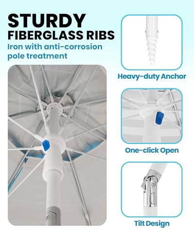 Image of OutdoorMaster Beach Umbrellas for Sand with Sandbag & Anchor, 6.5ft Adjustable Umbrella for Beach Heavy Duty Wind, Portable UPF50+ Sunshade with Carry Bag for Patio, Navy Striped