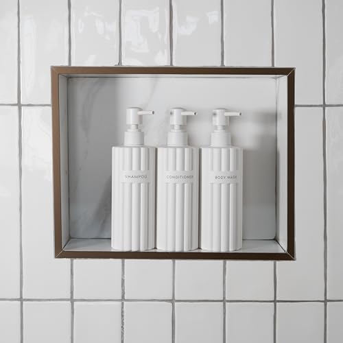 Stilvoller Shampoo- und Spülungsspender-Set mit 3 Stück – Moderne Duschseifenflaschen mit Pumpe und Etiketten – einfach zu befüllender Duschwaschspender für EIN sofortiges Badezimmer-Dekor-Upgrade