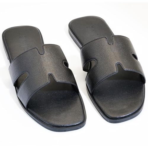 Image of Women's Flat Sandals, Ladies Leather Slippers, Comfy Dressy Slip on Shoes Elegant Slides Summer Fall Spring Cute Open Toe Casual Footwear