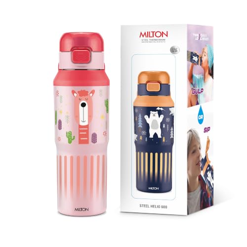 Image of Milton Steel Helio 600 Thermoware Water Bottle 520 ml with One Touch Safety Lock & Twin Lid Sip or Gulp, Long Hours Hot & Cold, Leak Proof, ISI Certified, PU Insulated, for Kids, School, Light Pink