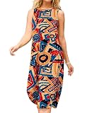 MAKABO Sleeveless Summer Dresses for Women, Casual Sundress with Side Pockets, 2025 Beach Long Dress Coverup, Hawaiian Geometric Printed, XL