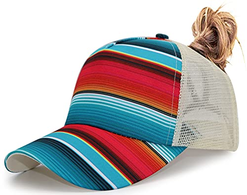 Ponytail Baseball Cap For Womens, Adjustable Vintage Trucker Washed Denim Dad Hat, Distressed High Mesh Messy Bun Velcro Ponycap (F-Colorful Stripe, One Size) #TOP10