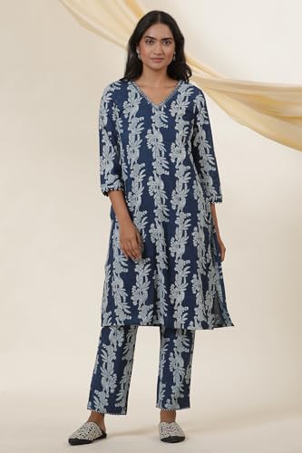 Image of W for Woman Folksong Blue Animal Print Cotton Straight Kurta