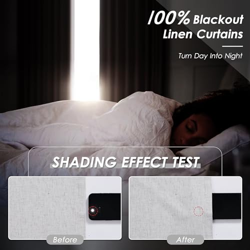 Image of Nanspring Light Grey 100% Blackout Linen Curtains 84 Inch Length 2 Panels Set for Bedroom Back Tab Modern Luxury Simple Black Out Curtain for Living Room Office Thermal Insulated Drapes 52x84