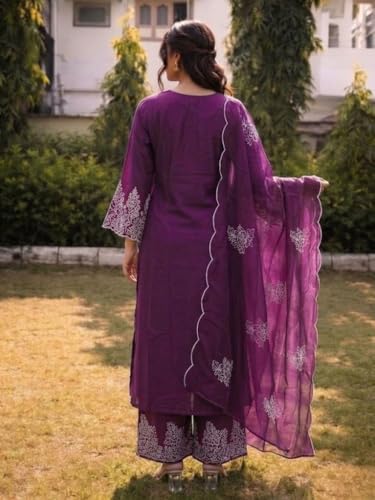Image of SHIENZY Women's Embroidered Kurta Pant Set with Dupatta | Straight Kurta Set for Women | Ethnic Kurta Set for Women, Traditional Indian Kurta Pant Dupatta Set