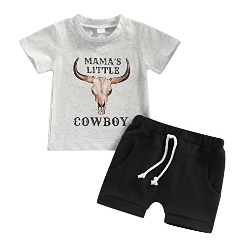 Image of AEEMCEM Western Baby Boy Summer Clothes Cow Print Short Sleeve T-Shirt Top Shorts Set 2Pcs Toddler Western Cowboy Outfits (A Grey, 0-6 Months)