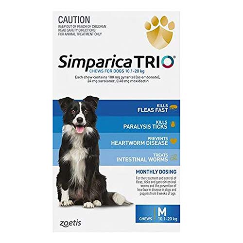 Simparica Trio Flea, Tick and Worming Chews for Dogs 10.1-20 kg, Blue (Pack of 3)