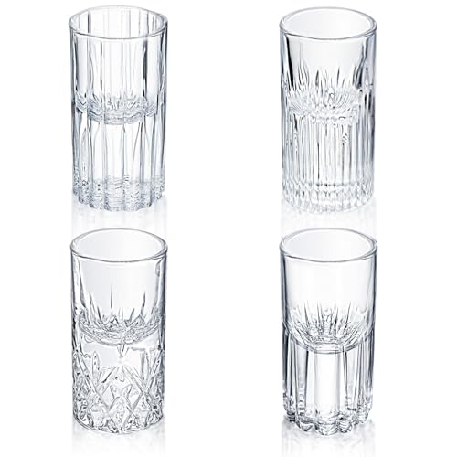 RareCi 4 Pack Clear Shot Glasses Set 1 oz Heavy Base Shot Cups Lead-Free & Dishwasher Safe 4 Assorted Etched Patterns for Tequila Vodka Liquor Home Bar & Party