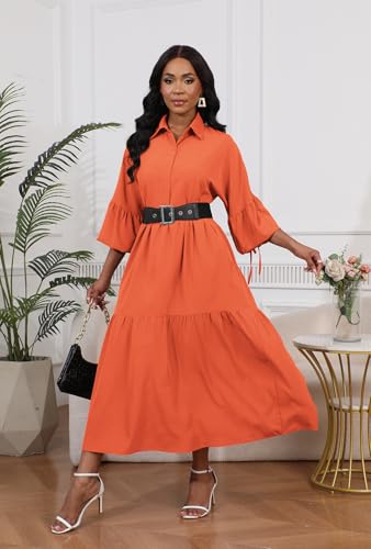 Image of Women's Long Sleeve Maxi Shirt Dress Elegant Button Down Loose Swing Party Dress