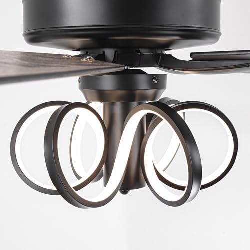 Image of 52 Inch Black Ceiling Fans with Lights and Remote - Creative Modern Ceiling Fan for Bedroom Living Room with 3CCT, 6 Speeds, Timer, Dual-Sided Reversible 5 Blades Indoor Outdoor Chandelier Fan
