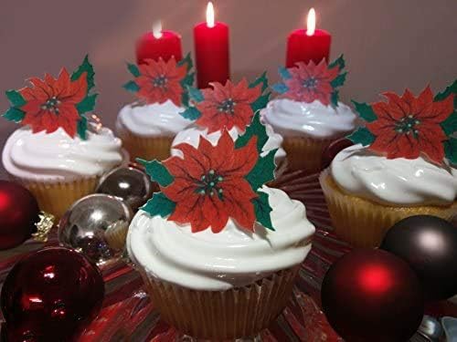 24 X PRE-CUT FLAT CHRISTMAS POINSETTIA FLOWER RICE /WAFER PAPER EDIBLE CUPCAKE TOPPERS PARTY DECORATION C7 by Anglesit Christmas
