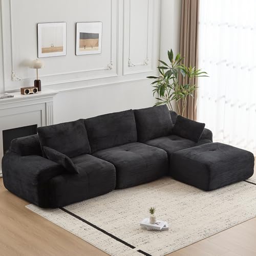Image of L Shape Sofa Rearrangeable, Oversized Cloud Couch Sectional Modular Sofas with Detachable Ottoman, 4 Pillows and Deep Seat, Corduroy Boneless Couches Sets for Living Room, No Assembly Required, Black