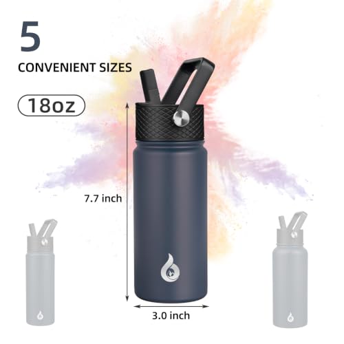 Image of BJPKPK Insulated Water Bottles with Straw Lid, 18oz Stainless Steel Metal Water Bottle, Cold Hot Thermo with 3 Lids, Leak Proof BPA Free Travel Cup, Wide Mouth Flasks, Thermo -Navy Blue
