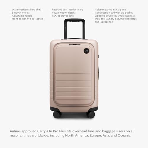 Image of Monos Carry-On Pro Plus Luggage 23 Inch - Hardside Spinner Suitcase with TSA Lock & Laptop Front Pocket | Airline Approved, 42L Polycarbonate Rolling Carry On | Fits 16 inch Laptop | Rose Quartz, Pink