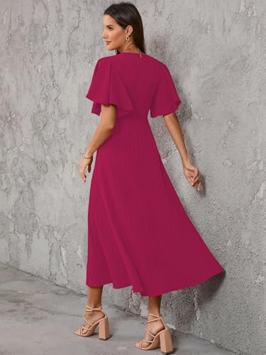 Image of Shasmi Girl's & Women's Pleated Midi Dress with Flutter Sleeves | V-Neck Western Dress for Women | Elegant A-Line Summer Outfit | Office & Casual Wear (Dress 244)