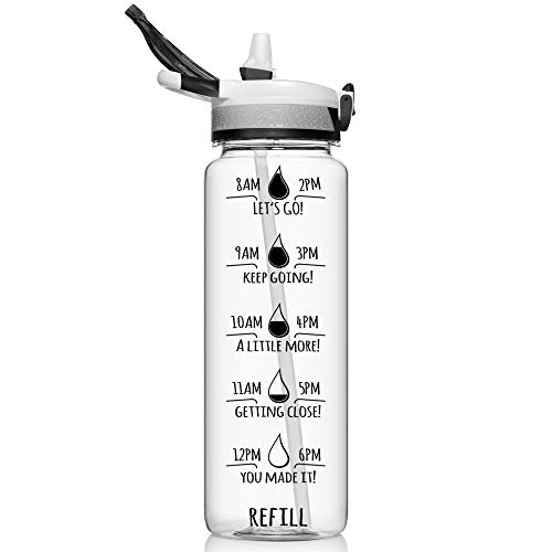 NatureWorks HydroMATE 32 oz Water Bottle with Time Markings Hourly BPA Free Reusable Leak Proof with Straw and Carrying Strap 1 Liter