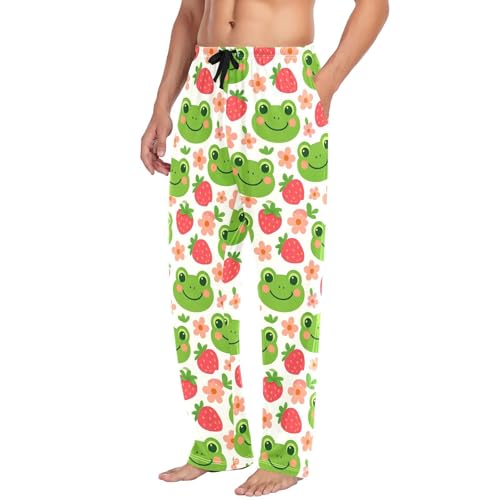 Men's Cute Cartoon Frog Pajama Pants with Pockets - Straight Fit Cotton Sleep Bottoms for Lounge & Nightwear#4794