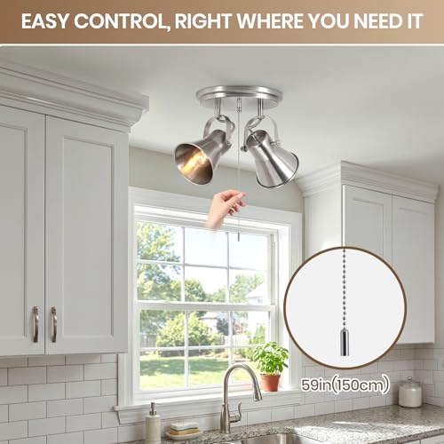 Image of 2-Light Brushed Nickel Pull Chain Light Fixture, Ceiling Light with Pull Chain, Adjustable Flush Mount Lighting for Kitchen, Closet, Hallway